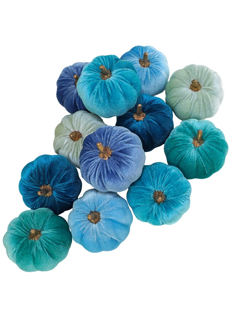 Winlyn Winlyn 12 Pcs Assorted Small Faux Velvet Pumpkins Decorative Teal Blue Green Turquoise Fabric Pumpkins Foam Pumpkins 3"" for Farmhouse Fall Wedding Halloween Thanksgiving Table Centerpiece Mantel Decor  - Image 1