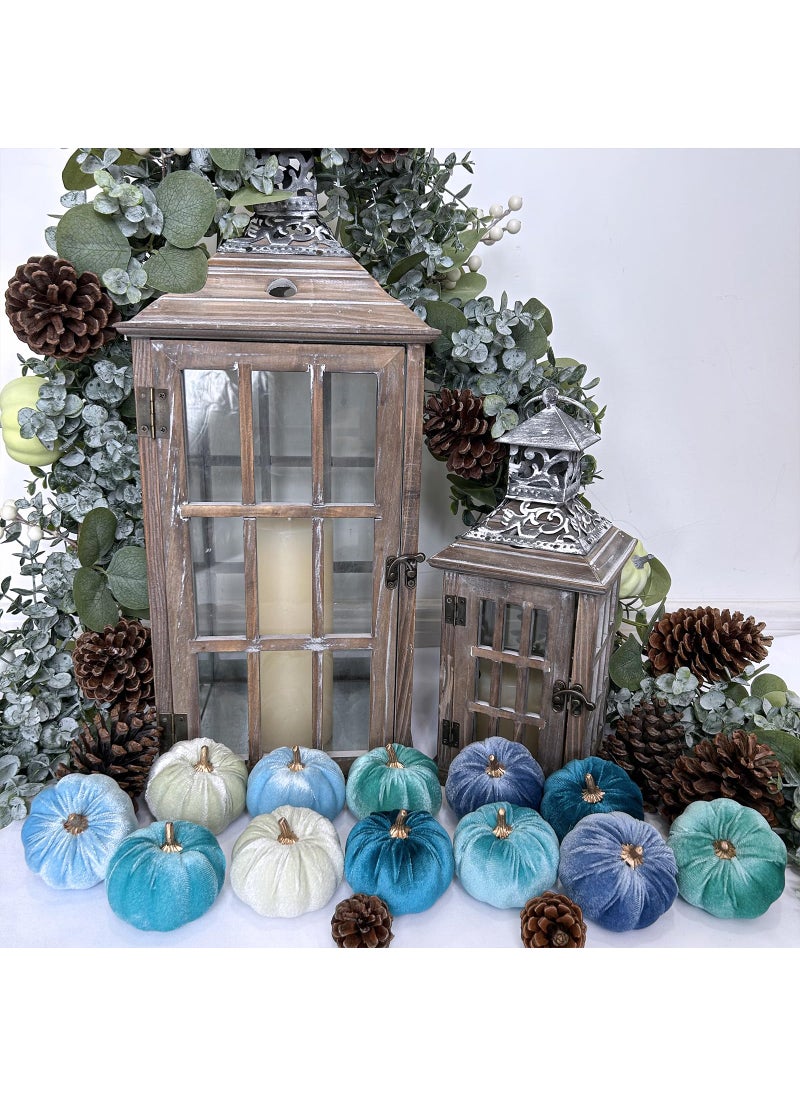 Winlyn Winlyn 12 Pcs Assorted Small Faux Velvet Pumpkins Decorative Teal Blue Green Turquoise Fabric Pumpkins Foam Pumpkins 3"" for Farmhouse Fall Wedding Halloween Thanksgiving Table Centerpiece Mantel Decor  - Image 5