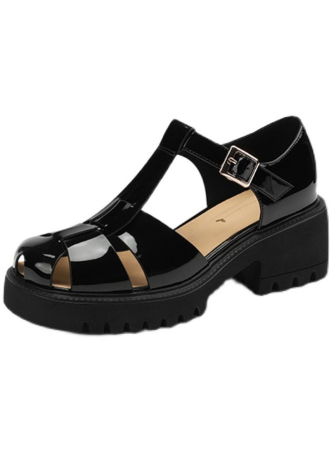 Woyou Platform Toe Sandals Women's Summer Thick Heel High Heel British Style Small Leather Shoes Hollow-out Vintage Roman Shoes