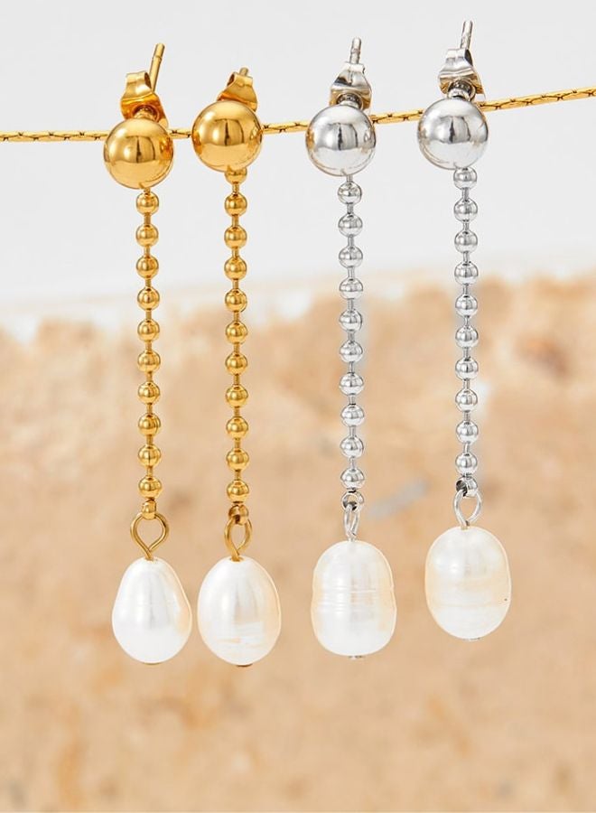 Andaazs Andaazs Women’s Aura Freshwater Pearl Drop Earrings – Stainless Steel – Elegant Natural Pearl Dangle Earrings  - Image 3