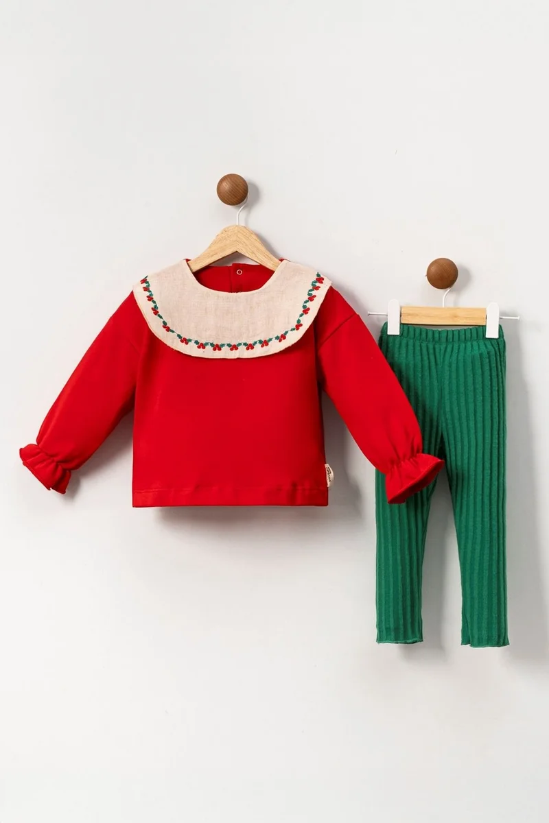 Miniğimin Cicileri My Little Ones (2-5 Years Old) New Year Girl's Set with Embroidered Collar Detail - Red-Green