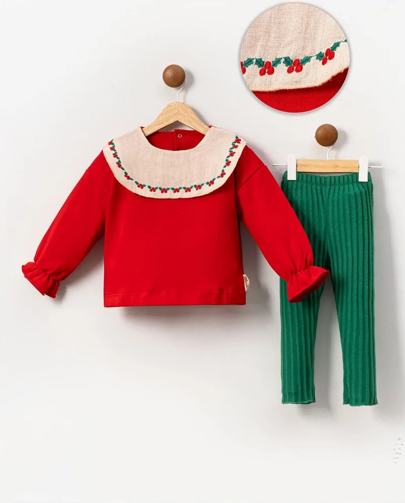 Miniğimin Cicileri My Little Ones (2-5 Years Old) New Year Girl's Set with Embroidered Collar Detail - Red-Green