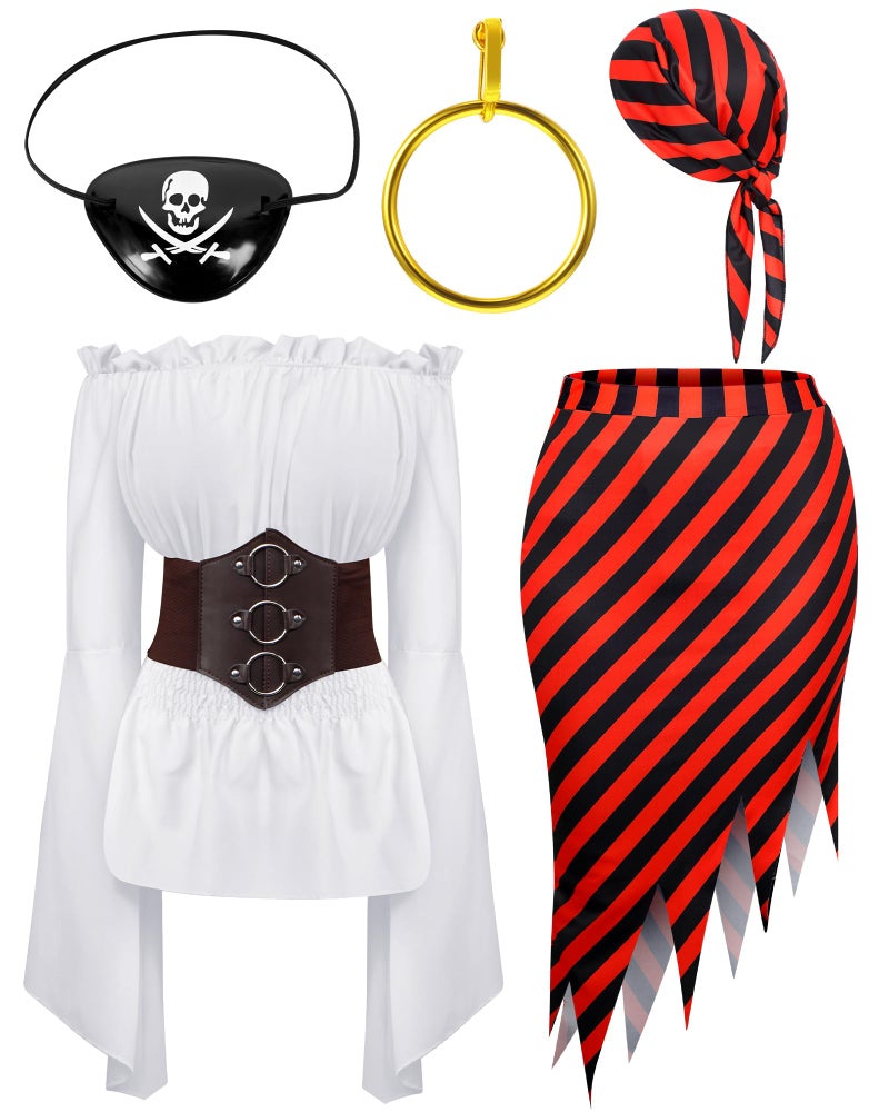 Silicherry 6 Pcs Womens Pirate Costume Cosplay Renaissance Blouse Tops Corset Waist Belt Pirate Skirt Stripes Headscarf Set (White,XL), X-Large - Image 3