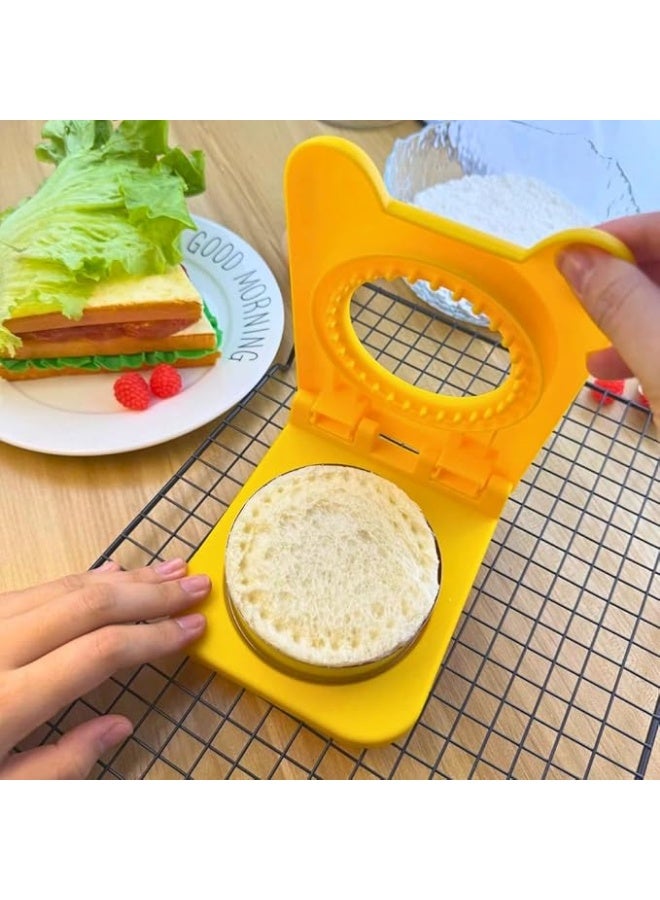انقر لرؤية العرض الكامل اداة تقطيع الساندويتشات واغلاق الساندويتشات 2 في 1، اداة تقطيع الساندويتشات والخبز للمدرسة والنزهات والتخييم وصنع البان كيك، ادوات المطبخ وادوات تقطيع البسكويت والساندويتش (اصفر، دائرية) - Image 1
