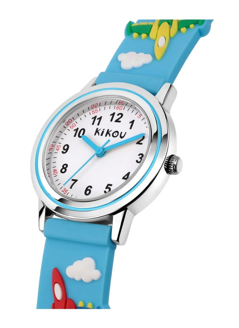 Kikou Hobby Kids Analog Watch for Boys & Girls - White Dial, 28mm Round Case, Blue Polyurethane Strap, Quartz, 30M Water Resistant - R4551101001