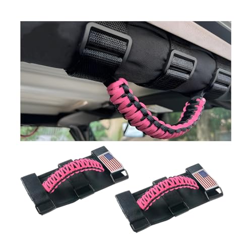 HZEL 2PCS Roll Bar Grab Handles Oxford Cloth Upgrade Metal Buckle Paracord Grip Handles Durable and Strong Car Accessories Compatible with Wrangler JL JLU JT JK JKU TJ LJ and YJ Pink - Image 1