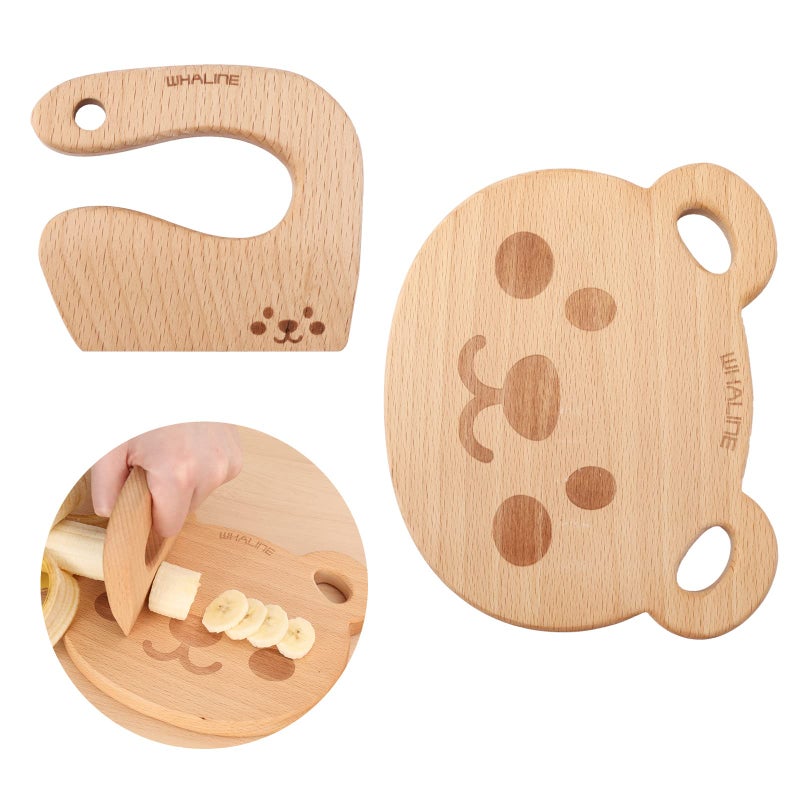 Whaline Wooden Kids Knife Set Cute Bear Wooden Cutting Board and Safe Wooden Kids Knife Natural Thick Montessori Knife for Kids Toddlers Kitchen Tools Vegetable and Fruit Cutter Cooking 2Pcs