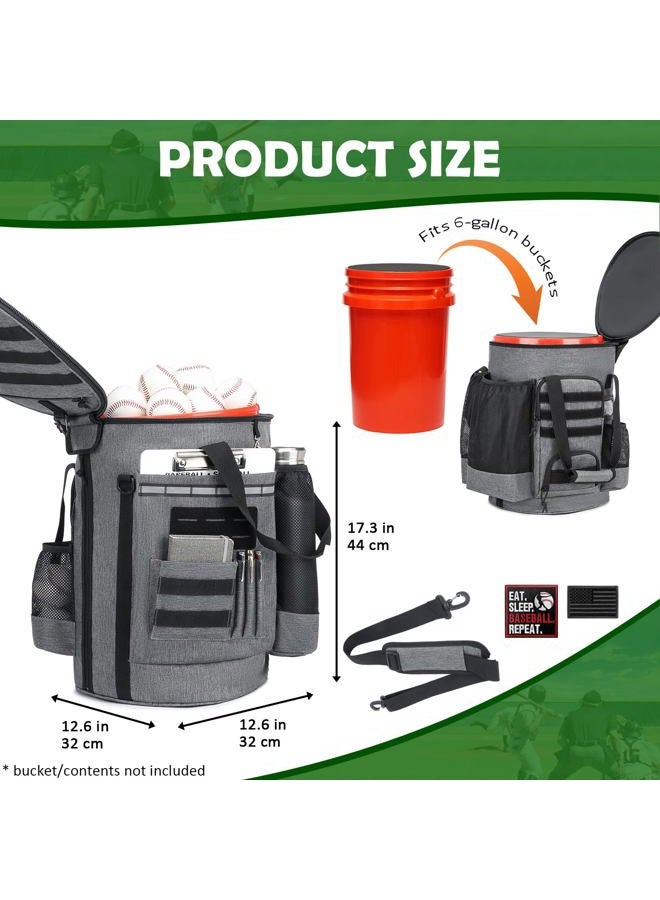 SunForMorning Baseball Bucket Bag Baseball Coaching Accessories Organizer Softball Bucket Bag with Anti-Slip Bottom & Multiple Pockets for Bat, Gloves, Scoreboards, Black+Grey - Image 2
