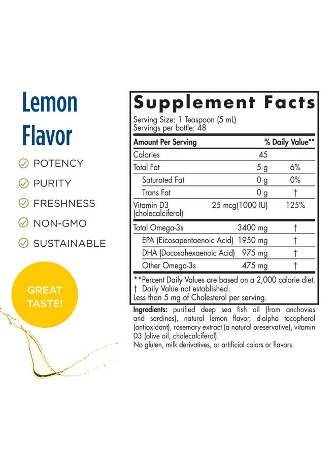 NORDIC NATURALS Nordic Naturals ProOmega-D Xtra Liquid, Lemon Flavor - 8 oz - 3400 mg Omega-3 + 1000 IU D3 - High-Potency Fish Oil - EPA & DHA - Brain, Eye, Heart, & Immune Health - Non-GMO - 48 Servings - Image 2