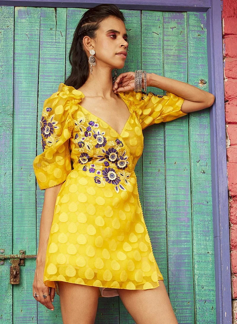 Bhanuni By Jyoti  YELLOW HIGHLIGHTER MINI DRESS for Women | Best Price UAE