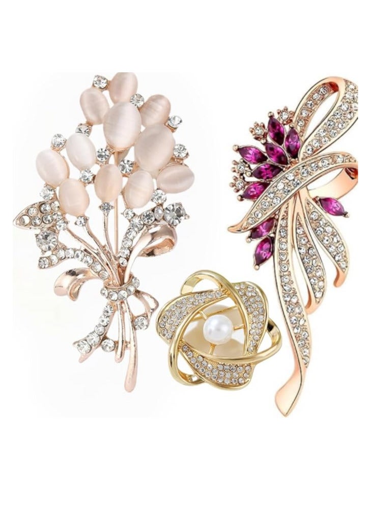 Women's brooches, 3-piece rhinestone brooches, elegant gold crystal floral wedding bouquet brooches  - Image 1