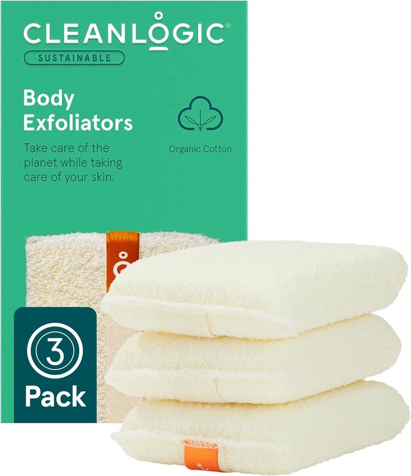 Clean Logic Organic Cotton Exfoliating Body Scrubber, Reusable Exfoliator Tool for Smooth and Softer Skin, Daily Skincare Routine, Natural, 3 Count Value Pack - Image 1