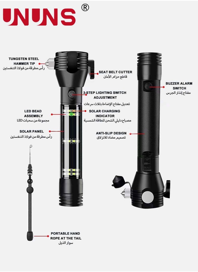 UNUNS - LED Flashlight Black,Multi-Function Solar Powered Flashlight With Glass Breaker,Alarm And Phone Charger,6 Modes COB Torch With Side Lights,Portable Hand Torch - Image 1