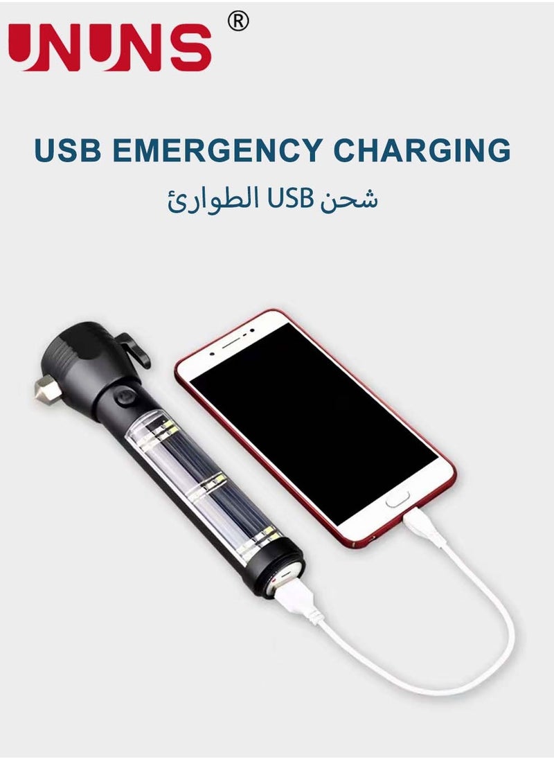 UNUNS - LED Flashlight Black,Multi-Function Solar Powered Flashlight With Glass Breaker,Alarm And Phone Charger,6 Modes COB Torch With Side Lights,Portable Hand Torch - Image 1