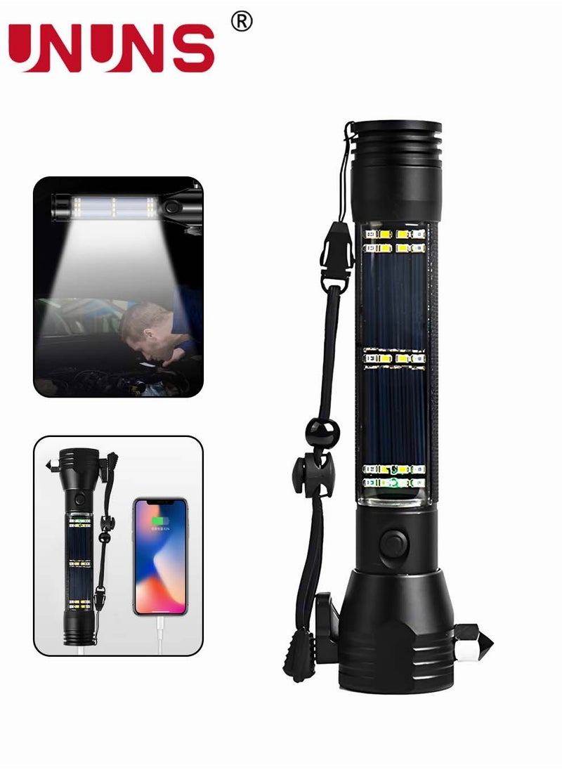 UNUNS - LED Flashlight Black,Multi-Function Solar Powered Flashlight With Glass Breaker,Alarm And Phone Charger,6 Modes COB Torch With Side Lights,Portable Hand Torch - Image 1