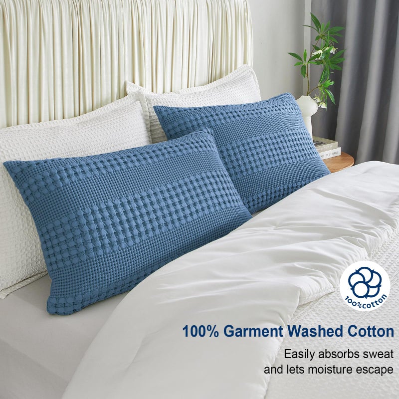 PHF 100% Cotton Waffle Pillowcases King Size  2 Pack Soft Breathable Skin-Friendly Pillow Sham  Decorative Waffle Weave Pillow Case Covers  20"" X 36""  No Filling  Captain's Blue - Image 2