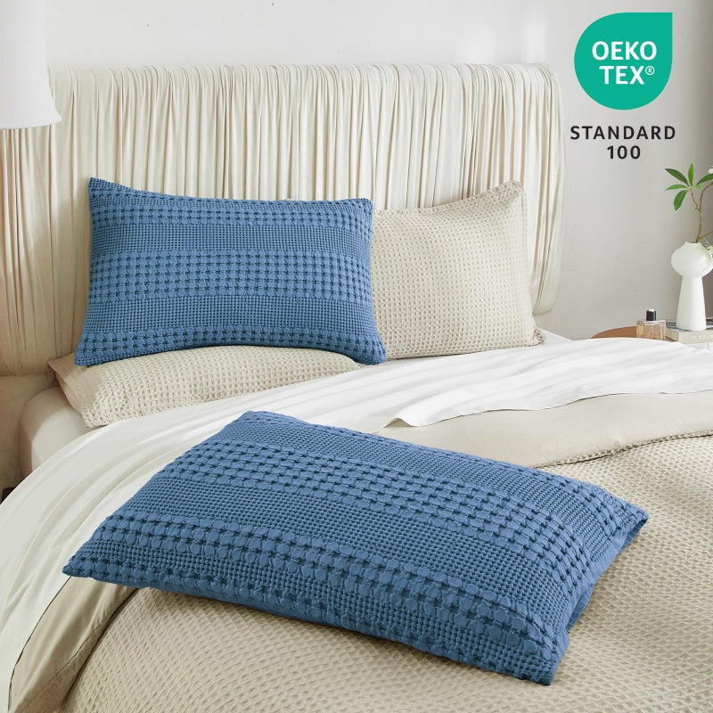 PHF 100% Cotton Waffle Pillowcases King Size  2 Pack Soft Breathable Skin-Friendly Pillow Sham  Decorative Waffle Weave Pillow Case Covers  20"" X 36""  No Filling  Captain's Blue - Image 3