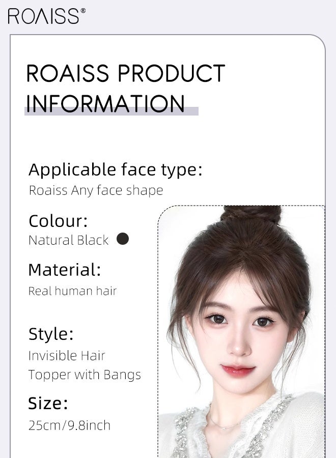 roaiss Women's Invisible Hair Topper with Bangs, Elegant Middle-parted Bangs, Thin  Breathable Inner Net Hairpiece, Suitable for Women with Sparse Hair Loss, Covering Grey Hair Increasing Hair Volume, Natural Black - Image 2