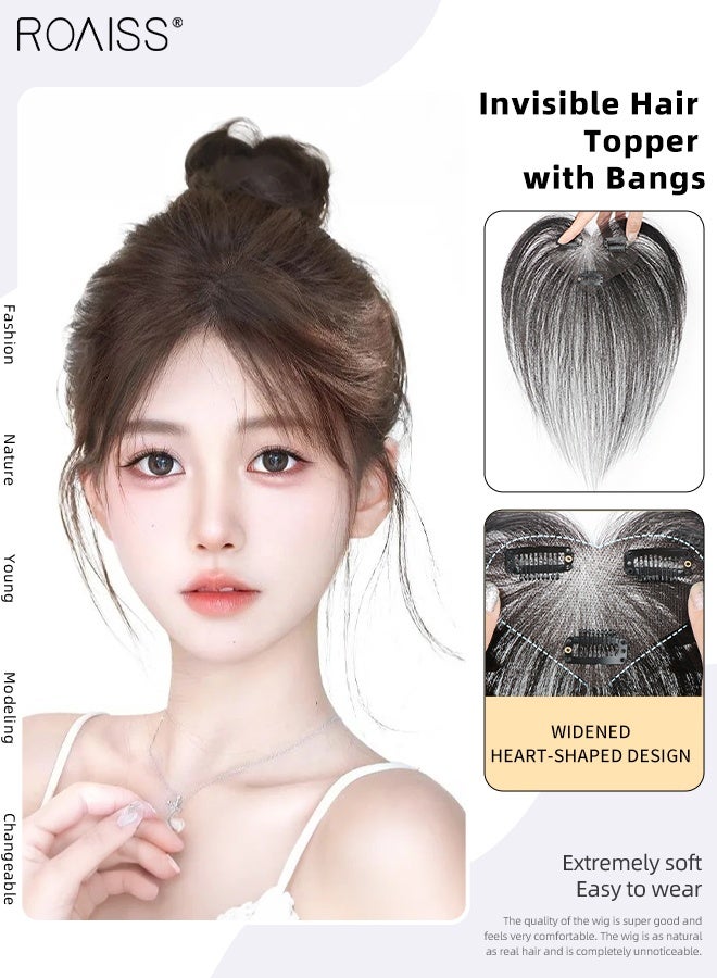 roaiss Women's Invisible Hair Topper with Bangs, Elegant Middle-parted Bangs, Thin  Breathable Inner Net Hairpiece, Suitable for Women with Sparse Hair Loss, Covering Grey Hair Increasing Hair Volume, Natural Black - Image 1