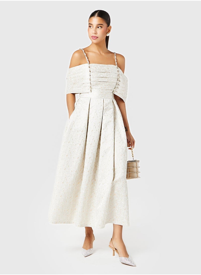 Threadz by Ajooni - Embellished Straps Off Shoulder Pleated Dress - Image 1