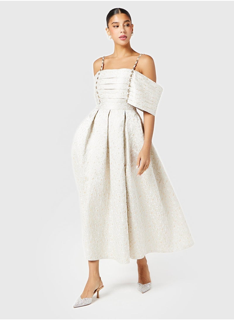Threadz by Ajooni - Embellished Straps Off Shoulder Pleated Dress - Image 1