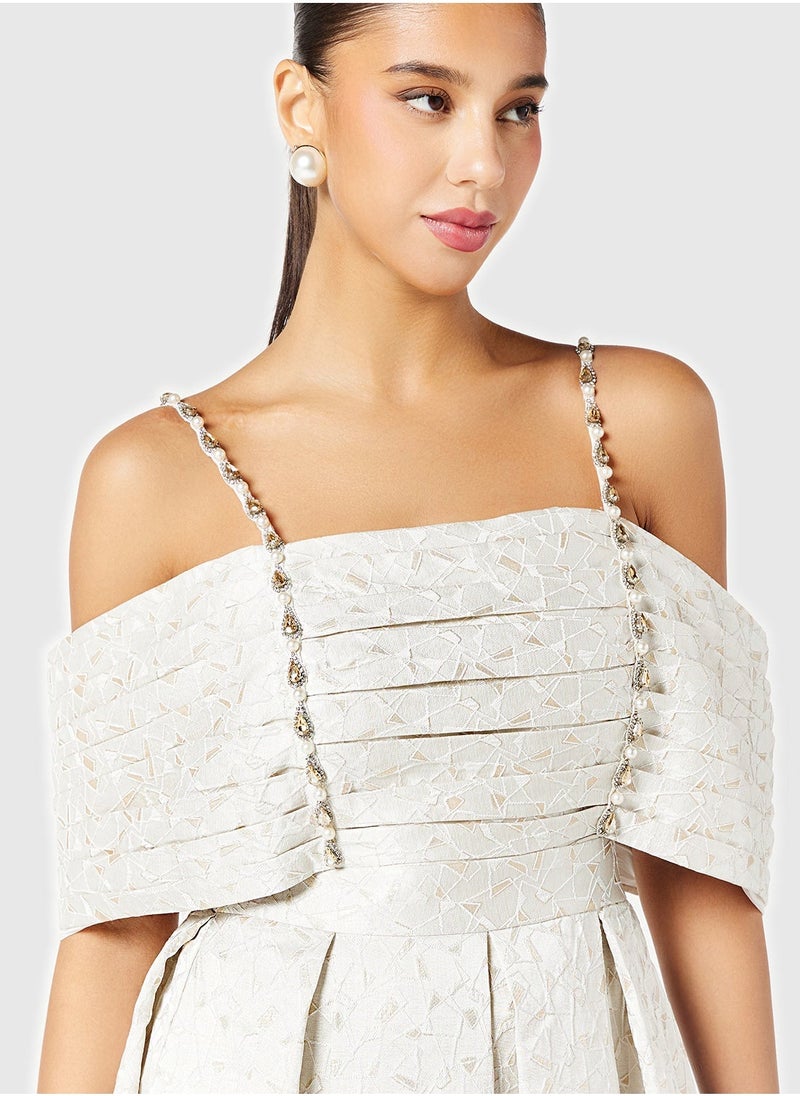 Threadz by Ajooni - Embellished Straps Off Shoulder Pleated Dress - Image 1