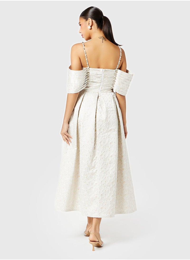 Threadz by Ajooni - Embellished Straps Off Shoulder Pleated Dress - Image 1