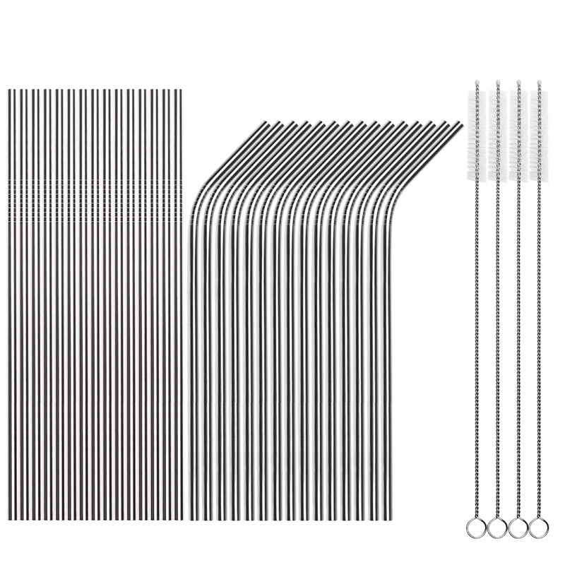 Tomorotec Reusable Straws 30 Pack Stainless Steel Drinking Straws Metal Straw Bulks for Smoothies Tumblers Cocktail MilkShakeSet of 15 Straight and 15 Bent with 2 Cleaning Brushes Silver
