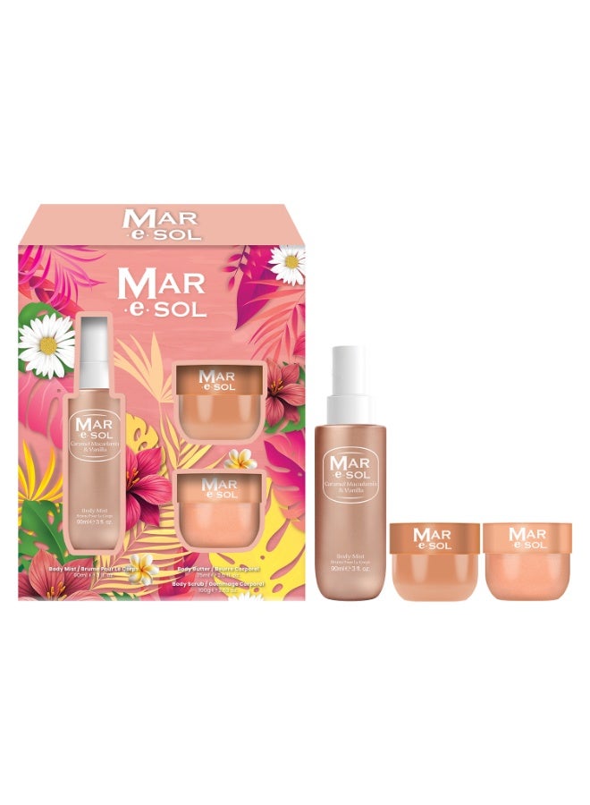 MAR.E.SOL Caramel Macadamia & Vanilla Gift Set – Body Mist 90ml + Body Scrub 100g + Body Butter 75ml | Sweet & Long-Lasting Fragrance | Nourishing Body Care Gift Set for Women - Image 1
