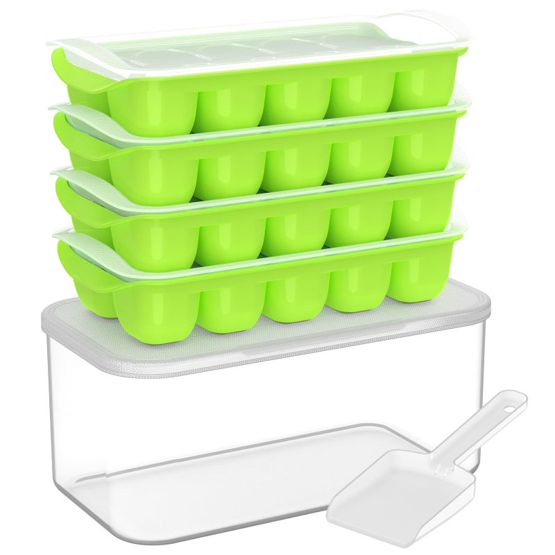 DOQAUS Ice Cube Tray with Lid and Bin 4 Pack Ice Bucket Kits Stackable Silicone Ice Trays for Freezer Easy Pop Out BPA Free for Cocktail Coffee Soup Food RV Kitchen
