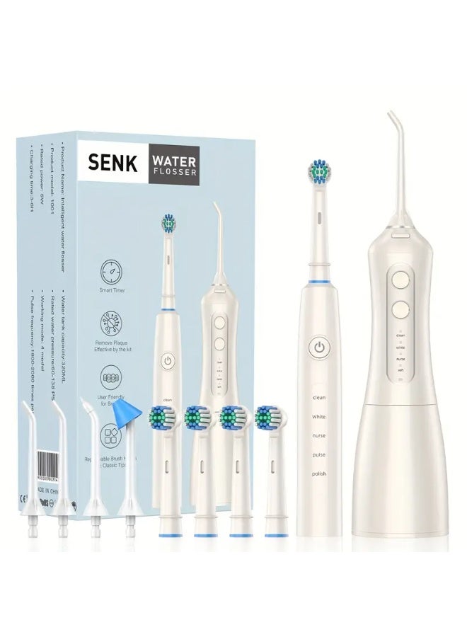 SENK Intelligent 2-in-1 Water Flosser & Electric Toothbrush Kit – 320ml Large Capacity Detachable Tank, 4 Modes, High-Frequency Pulse 1800-2000/min, 1 Week Battery, Nylon Soft-Bristle Brush Heads, 4 Nozzles, Smart Timer, Deep Oral Cleaning for Plaque Removal, Braces-Friendly, Portable USB Rechargeable Irrigator – Ideal for Home, Travel & Gift for Couples/Holidays - Image 1