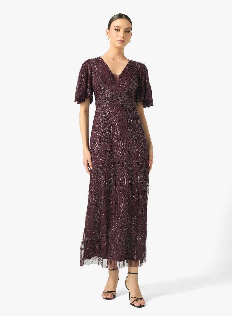 بيوت فستان ماكسي  مزين بياقة على شكل حرف  وأكمام مكشكشة وترتر - Image 1