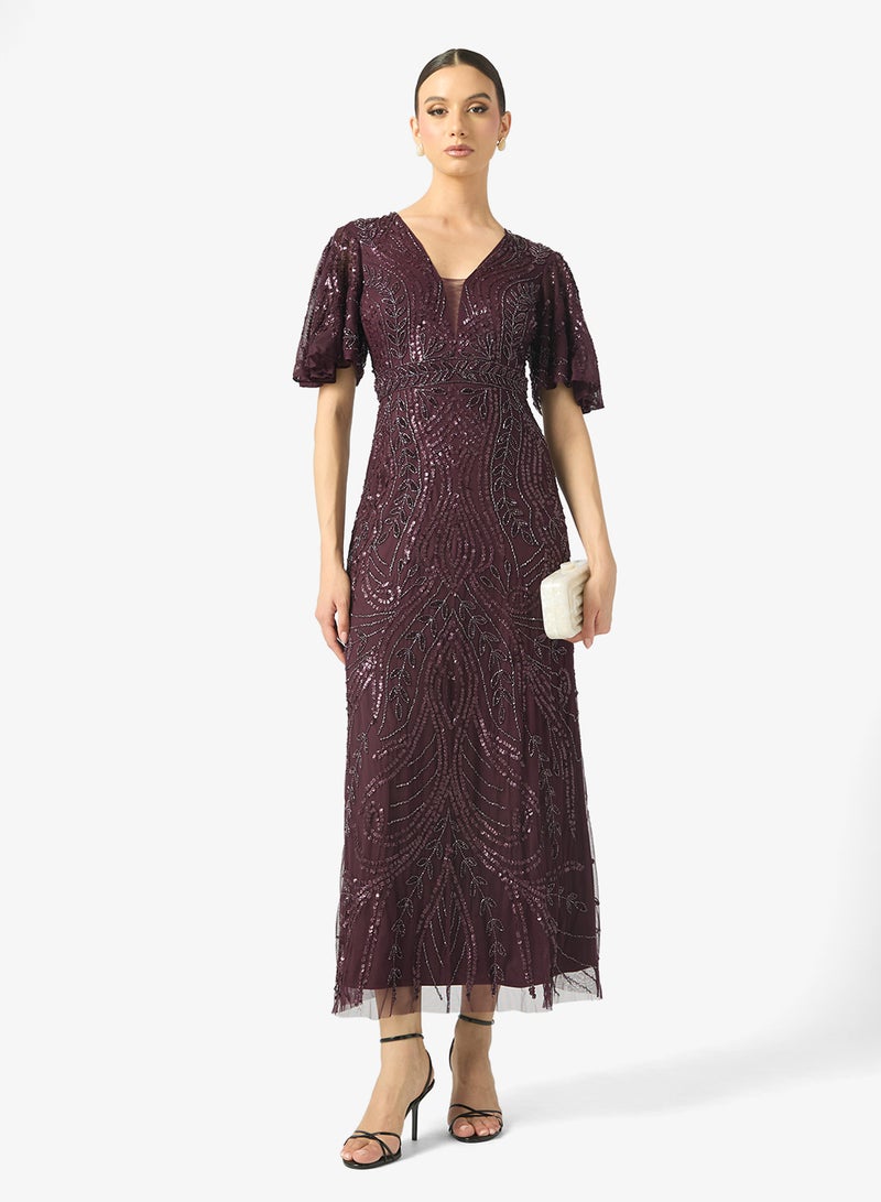 بيوت فستان ماكسي  مزين بياقة على شكل حرف  وأكمام مكشكشة وترتر - Image 4