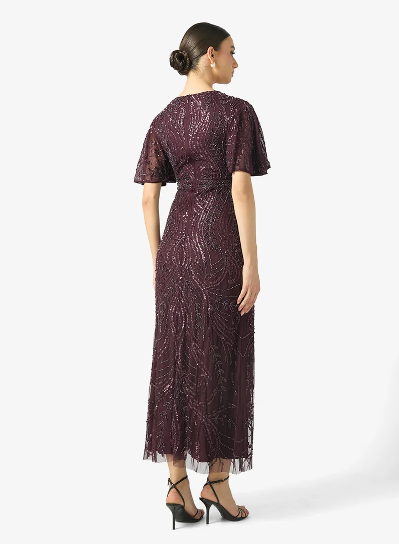 BEAUUT Zarina Embellished V Neck Ruffle Sleeve Sequin Maxi Dress