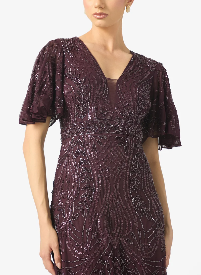 BEAUUT Zarina Embellished V Neck Ruffle Sleeve Sequin Maxi Dress