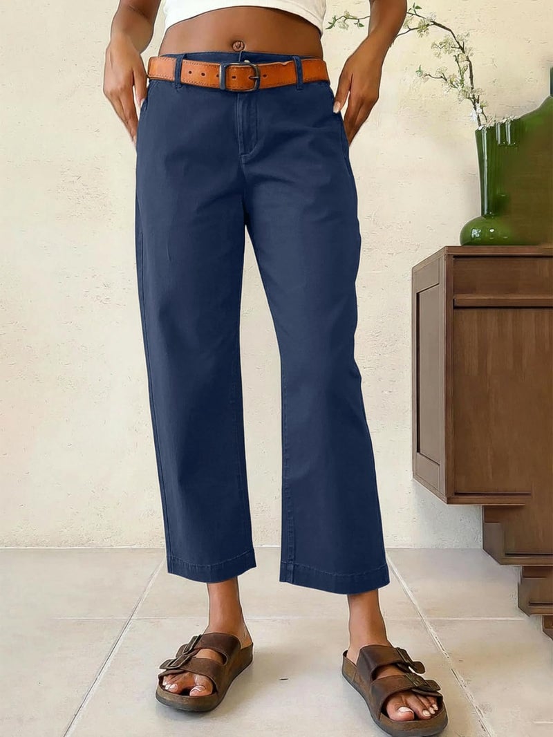 Flamingals Straight Leg Low Rise Barrel Pants Casual Stretchy Vintage Carrot Chino Pants for Women Trendy Without Belts Navy Blue XL - Image 2