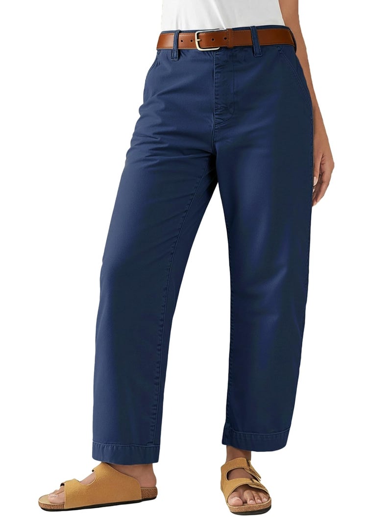 Flamingals Straight Leg Low Rise Barrel Pants Casual Stretchy Vintage Carrot Chino Pants for Women Trendy Without Belts Navy Blue XL - Image 1