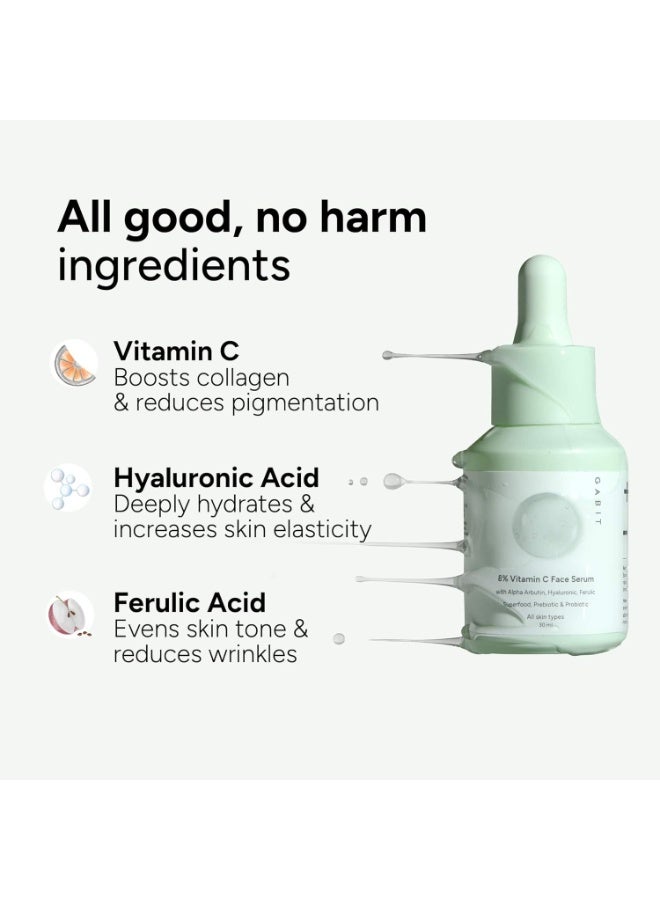 GABIT 8% Vitamin C Face Serum for Glowing Skin | Brightening Serum for Dark Spots, Tanned & Dull Skin; Hydrates | Alpha Arbutin, Hyaluronic, Ferulic, CiCa, Prebiotic, Probiotic | Oil & PEG free |30 ml - Image 3