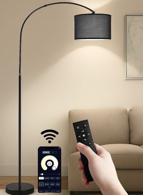 Modern Arc Floor Lamp, Black, 185x38 cm, 3-Level Dimmable with Remote & App Control, Marble Base, Warm 12W LED Light, for Living Room, Bedroom, Office