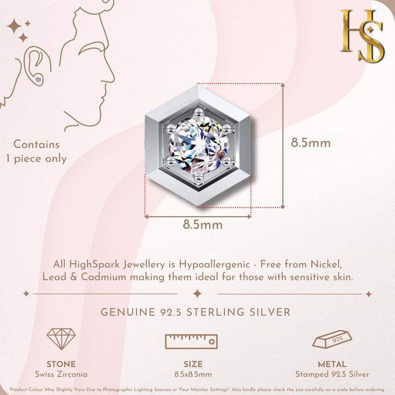 HighSpark 925 Silver Men's Solitaire Stud Earrings | 92.5 Sterling Silver and Diamond like Brilliance Zirconia | Single Stud for Men | Lovely Gift - Image 2