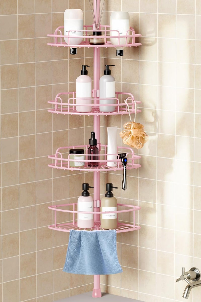 HAMITOR Corner Shower Caddy Tension Pole: 4-Tier Rust-Resistant Adjustable Bathroom Organizer Shelves - 47-121 Inch No-Drill Quick Installation - Space-Saving Storage for Renters Family - Pink - Image 1