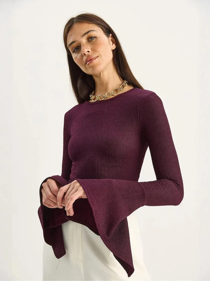Bianco Lucci LUCCI Slim Fit Crew Neck Long Sleeve Blouse