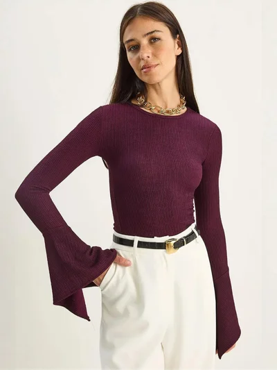 Bianco Lucci LUCCI Slim Fit Crew Neck Long Sleeve Blouse
