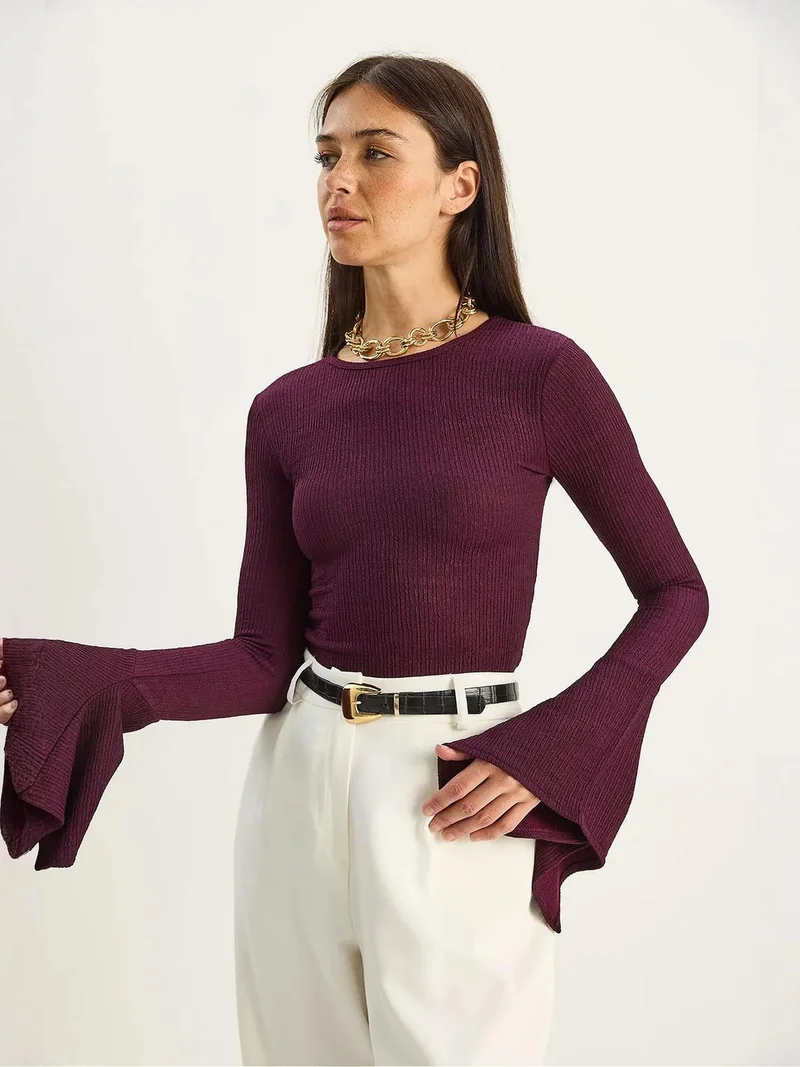 Bianco Lucci LUCCI Slim Fit Crew Neck Long Sleeve Blouse