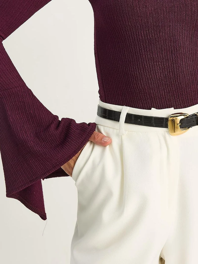 Bianco Lucci LUCCI Slim Fit Crew Neck Long Sleeve Blouse