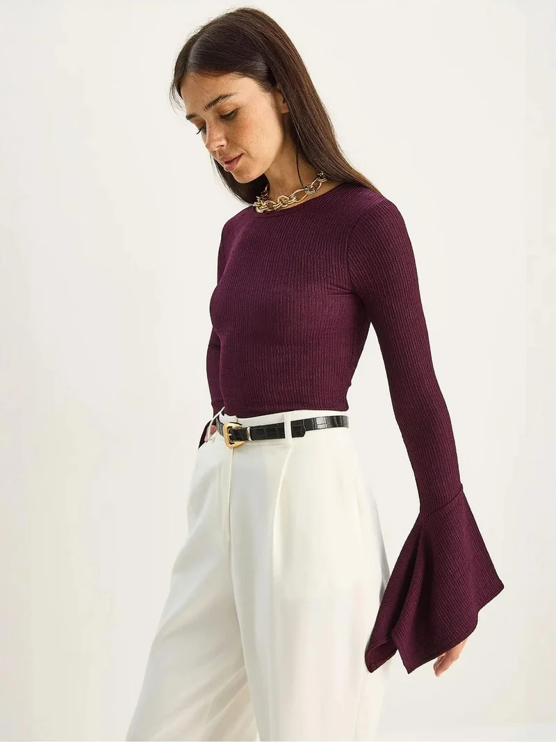 Bianco Lucci LUCCI Slim Fit Crew Neck Long Sleeve Blouse
