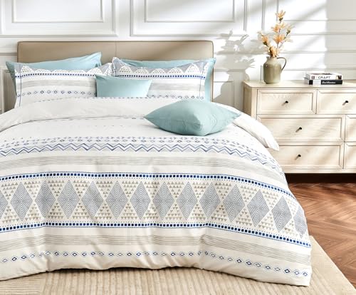 SLEEPBELLA Luxury 600 Thread Count Cotton Sateen Queen Size Duvet Cover Set Buttery Soft Silky Breathable Bedding Blue White Quilt Cover with Button Closure - Image 1