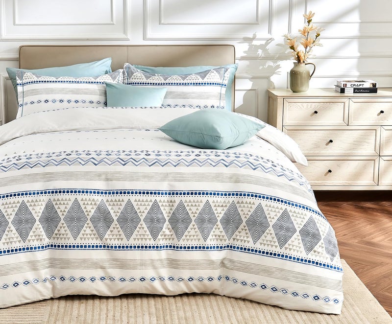 SLEEPBELLA Luxury 600 Thread Count Cotton Sateen Queen Size Duvet Cover Set Buttery Soft Silky Breathable Bedding Blue White Quilt Cover with Button Closure - Image 2