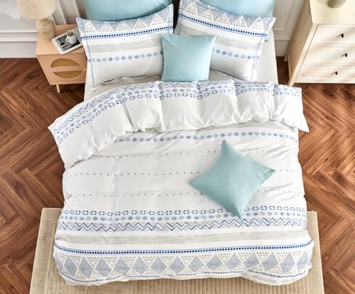 SLEEPBELLA Luxury 600 Thread Count Cotton Sateen Queen Size Duvet Cover Set Buttery Soft Silky Breathable Bedding Blue White Quilt Cover with Button Closure - Image 3