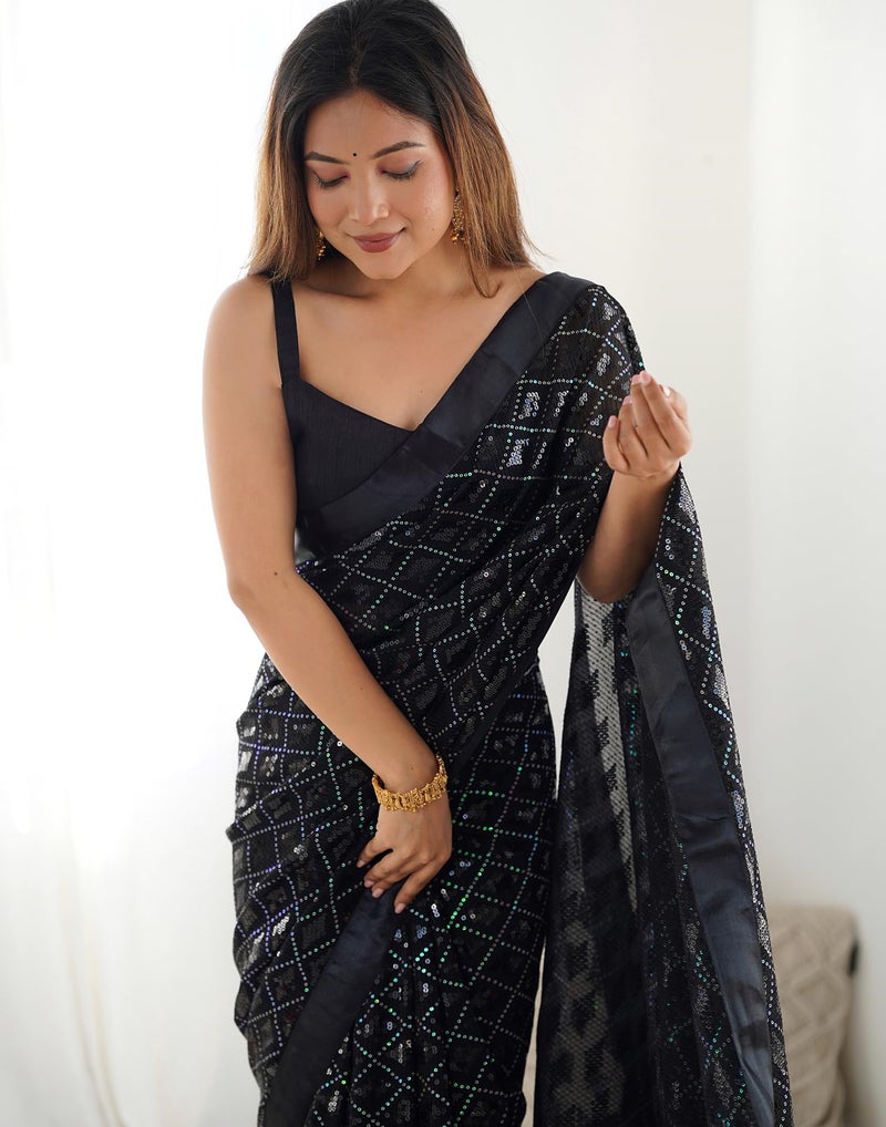 SIRIL Women's Georgette Sequence Saree With Unstitched Blouse Piece for Wedding and Parties (4136S158_Black) - Image 2